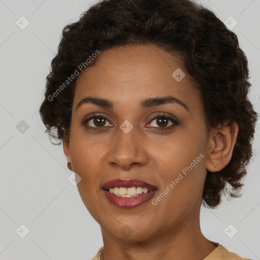 Joyful latino young-adult female with short  brown hair and brown eyes