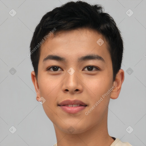 Neutral asian young-adult male with short  brown hair and brown eyes