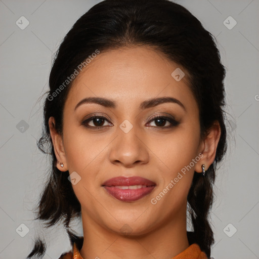 Joyful latino young-adult female with medium  brown hair and brown eyes