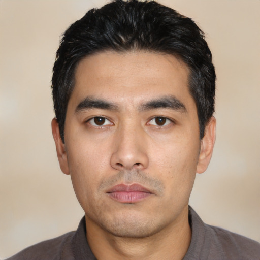Neutral asian young-adult male with short  black hair and brown eyes