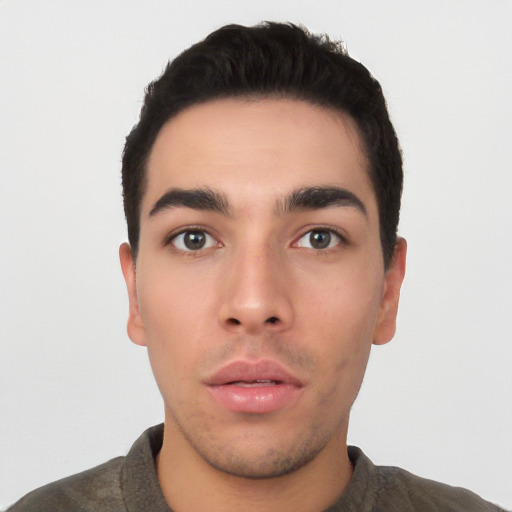 Neutral asian young-adult male with short  black hair and brown eyes