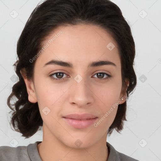 Neutral white young-adult female with medium  brown hair and brown eyes