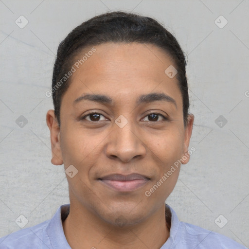 Joyful latino young-adult male with short  brown hair and brown eyes