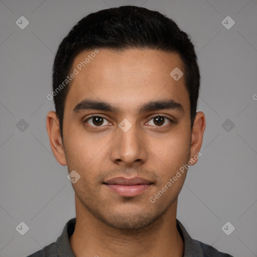 Neutral latino young-adult male with short  black hair and brown eyes