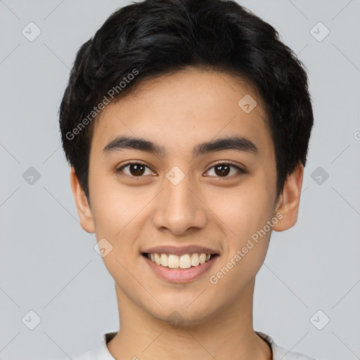 Joyful white young-adult male with short  black hair and brown eyes