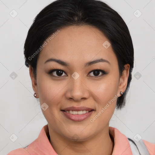 Joyful asian young-adult female with medium  brown hair and brown eyes