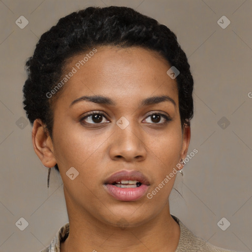 Neutral black young-adult female with short  black hair and brown eyes