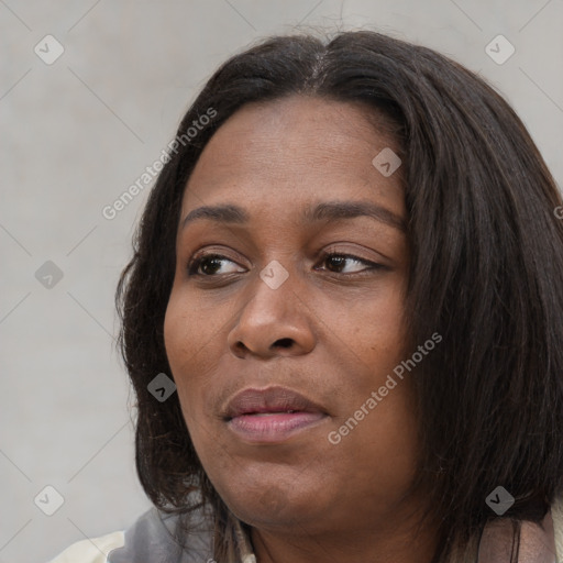 Joyful asian young-adult female with long  brown hair and brown eyes