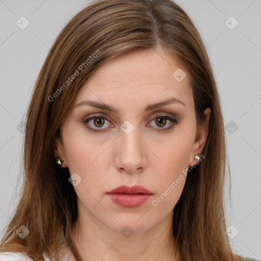 Neutral white young-adult female with long  brown hair and brown eyes