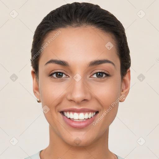 Joyful white young-adult female with short  brown hair and brown eyes