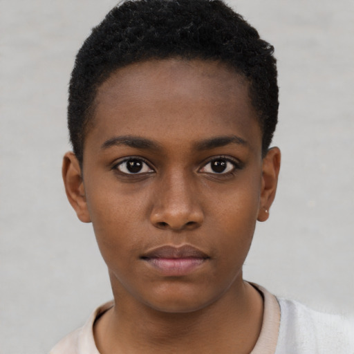 Neutral black young-adult female with short  black hair and brown eyes