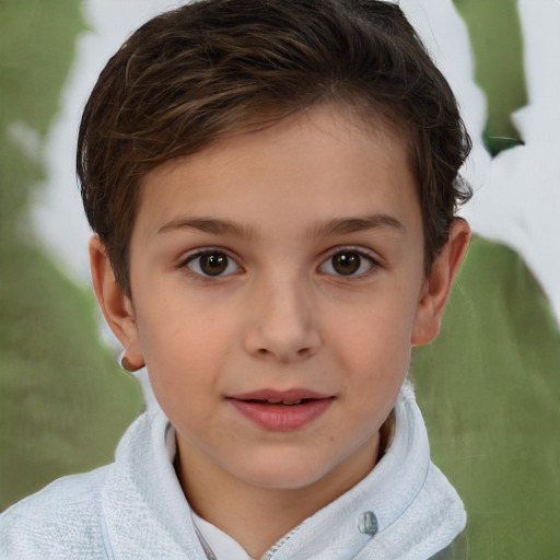 Joyful white child female with short  brown hair and brown eyes