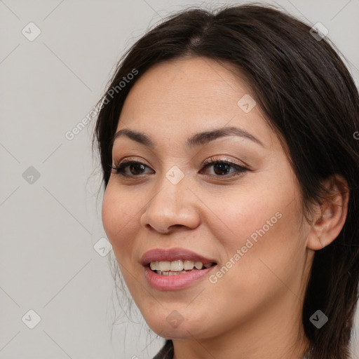 Joyful white young-adult female with long  brown hair and brown eyes