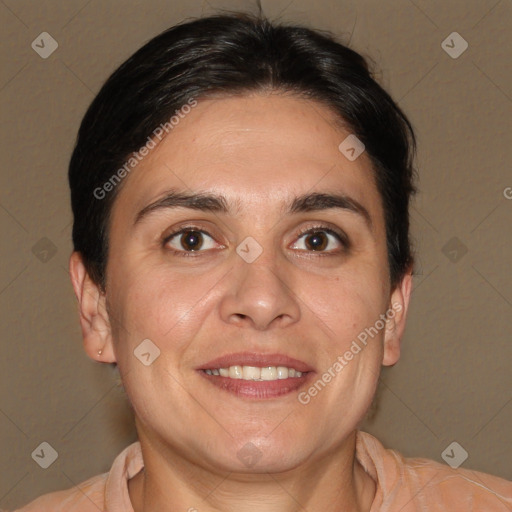 Joyful white adult female with medium  brown hair and brown eyes