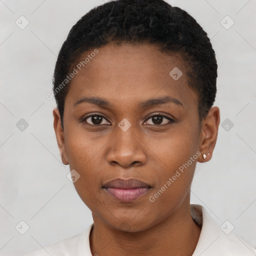 Neutral black young-adult female with short  black hair and brown eyes