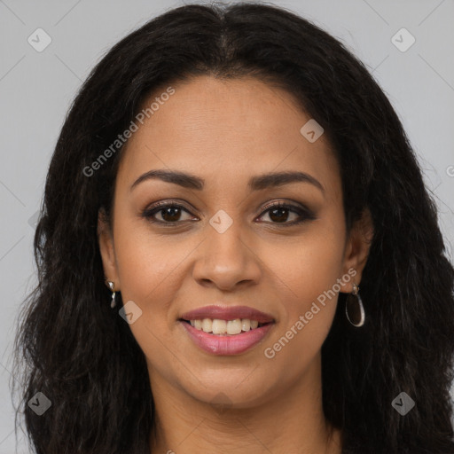 Joyful latino young-adult female with long  brown hair and brown eyes