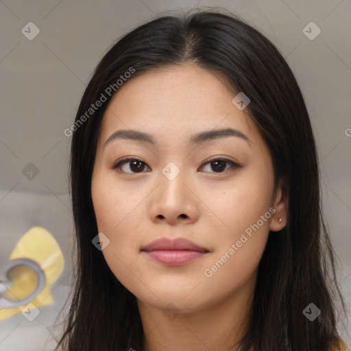 Joyful asian young-adult female with long  brown hair and brown eyes