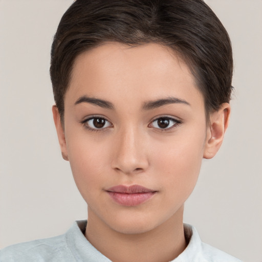 Neutral white young-adult female with short  brown hair and brown eyes