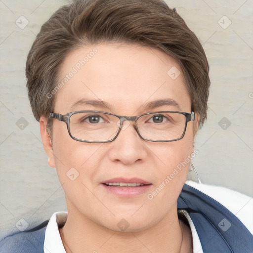 Joyful white adult female with short  brown hair and brown eyes