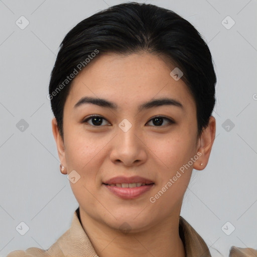 Joyful asian young-adult female with short  brown hair and brown eyes