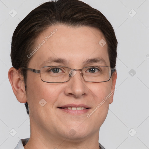 Joyful white adult male with short  brown hair and grey eyes