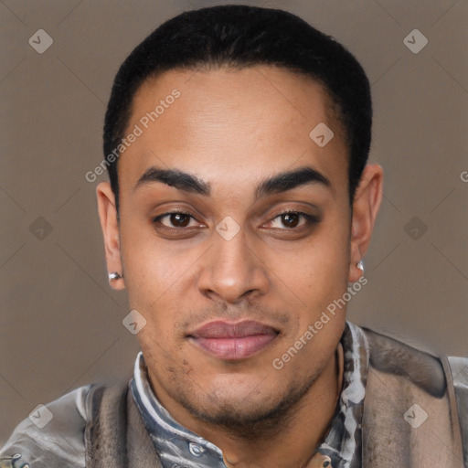 Joyful latino young-adult male with short  black hair and brown eyes