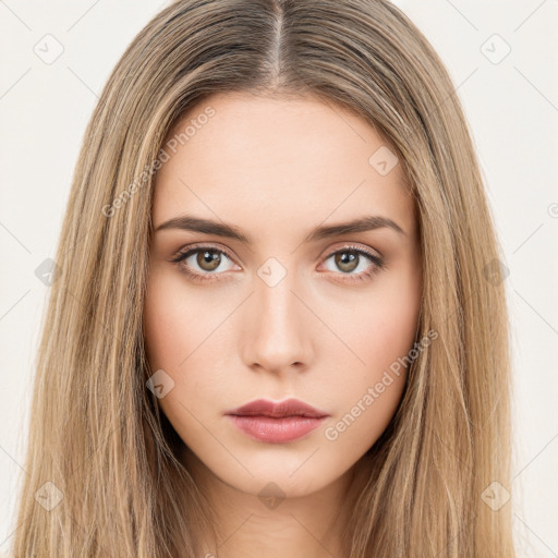 Neutral white young-adult female with long  brown hair and brown eyes