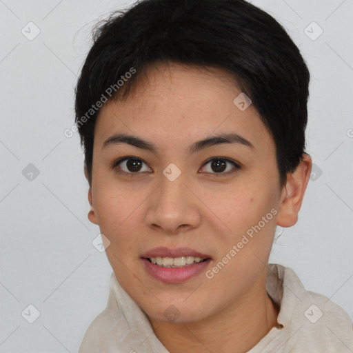 Joyful asian young-adult female with short  brown hair and brown eyes