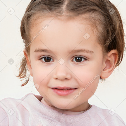 Joyful white child female with medium  brown hair and brown eyes