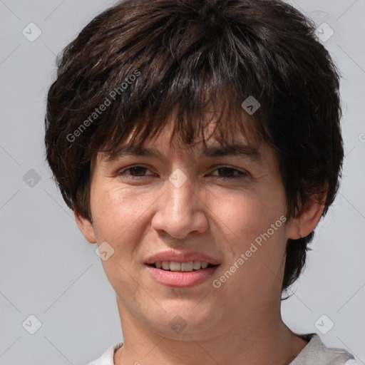 Joyful white adult female with short  brown hair and brown eyes