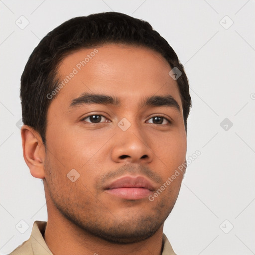 Neutral latino young-adult male with short  brown hair and brown eyes