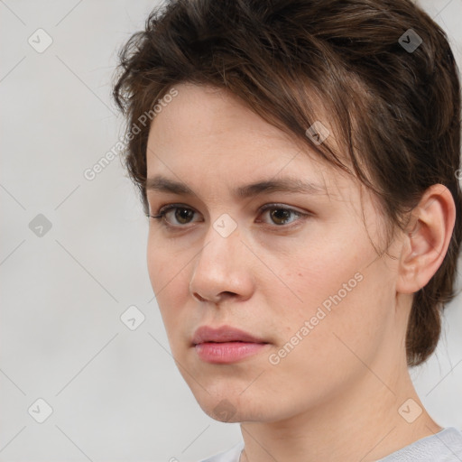 Neutral white young-adult female with short  brown hair and brown eyes