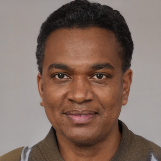 Joyful black adult male with short  black hair and brown eyes