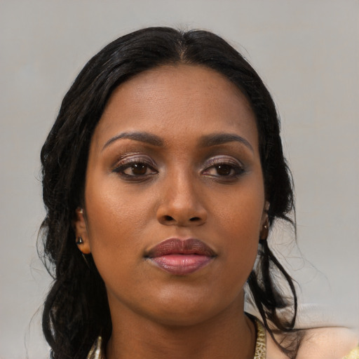 Neutral black young-adult female with long  black hair and brown eyes