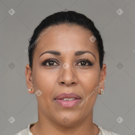 Joyful latino young-adult female with short  brown hair and brown eyes