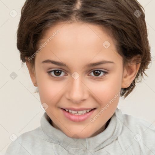 Joyful white child female with medium  brown hair and brown eyes