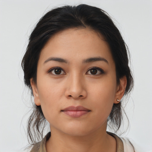 Neutral asian young-adult female with medium  brown hair and brown eyes