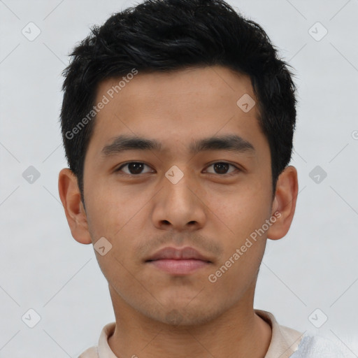 Neutral asian young-adult male with short  black hair and brown eyes