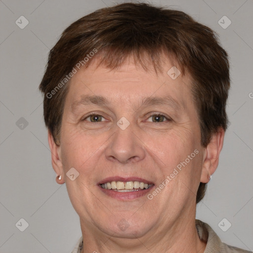 Joyful white adult male with short  brown hair and grey eyes