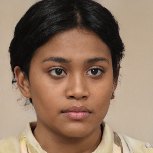 Neutral asian young-adult female with medium  brown hair and brown eyes