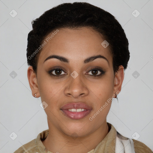 Joyful latino young-adult female with short  brown hair and brown eyes