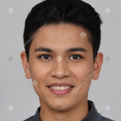 Joyful white young-adult male with short  black hair and brown eyes