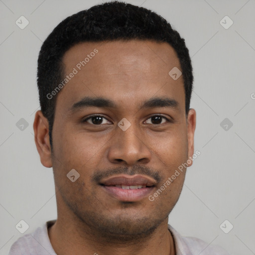 Neutral latino young-adult male with short  brown hair and brown eyes