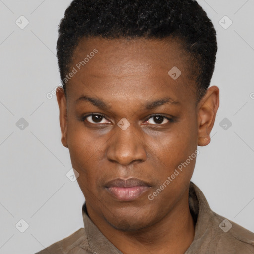 Neutral black adult female with short  brown hair and brown eyes