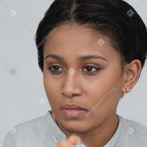 Neutral asian young-adult female with short  brown hair and brown eyes