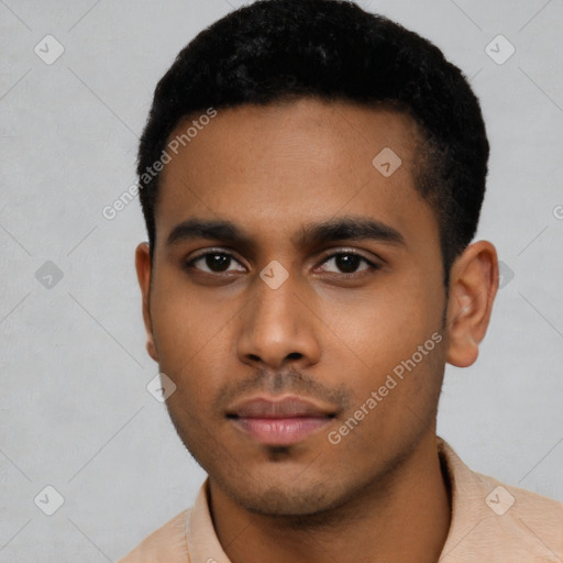 Neutral latino young-adult male with short  black hair and brown eyes