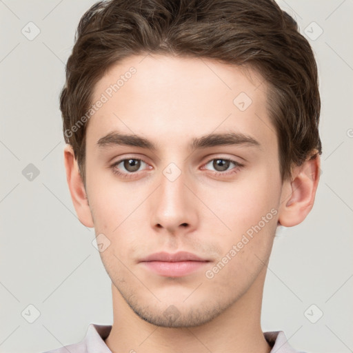 Neutral white young-adult male with short  brown hair and brown eyes