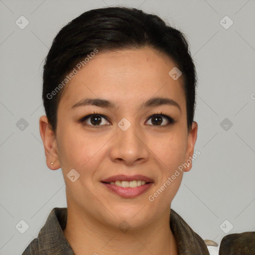 Joyful white young-adult female with short  brown hair and brown eyes