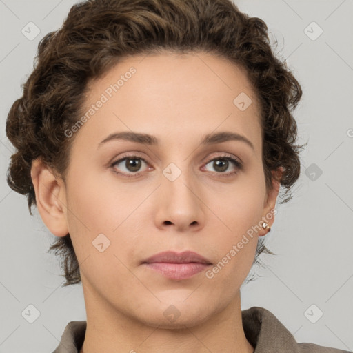 Neutral white young-adult female with short  brown hair and brown eyes