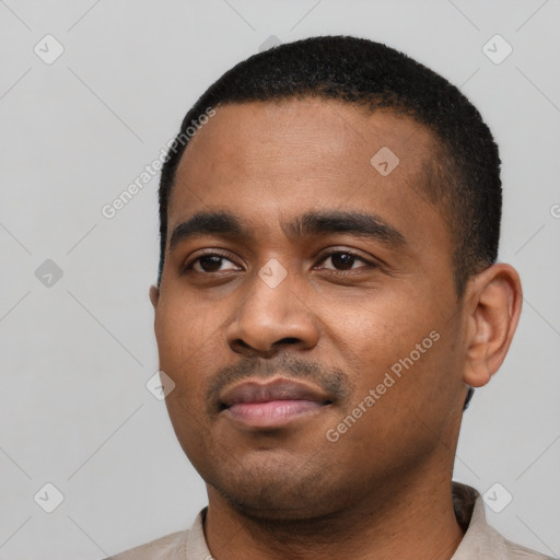 Neutral black young-adult male with short  black hair and brown eyes